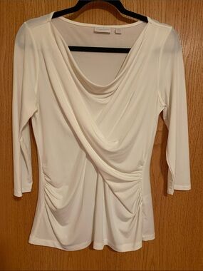 New York & Company Cream Drape-Front Long Sleeve Top